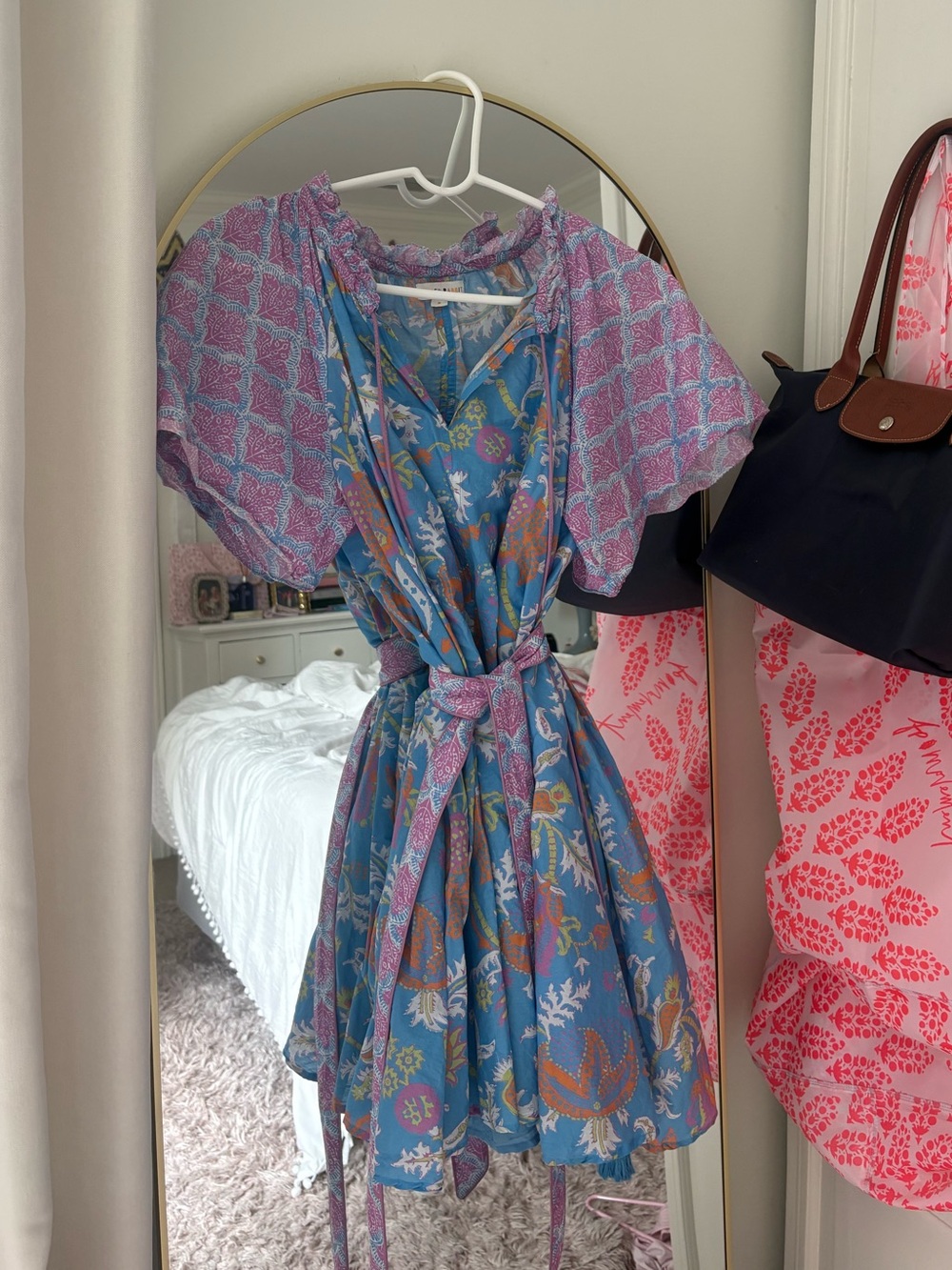 Roller Rabbit Blue and Purple Floral Tie-Waist Mini Dress